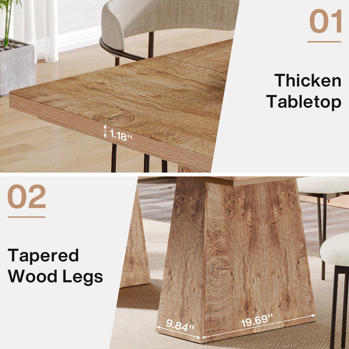 63 Inch Dining Table for 6, Farmhouse Rectangular Kitchen Table with Double Pedestal for Dining Room