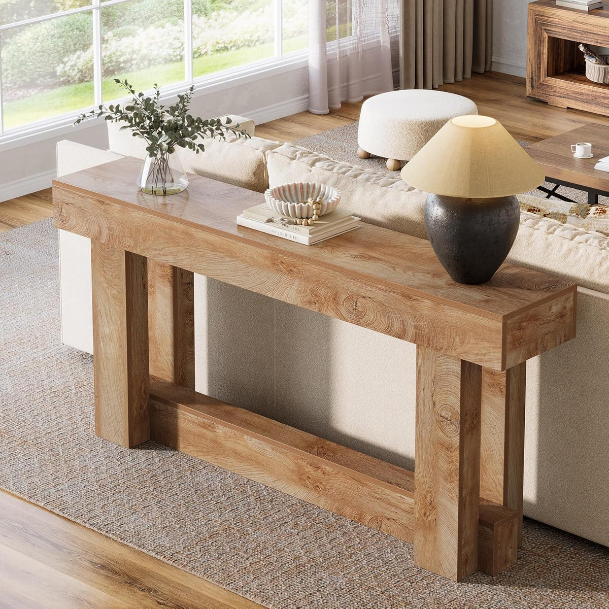 63 inch sofa table behind couch with long tabletop and lower storage shelf#Colour_Light Oak Brown
