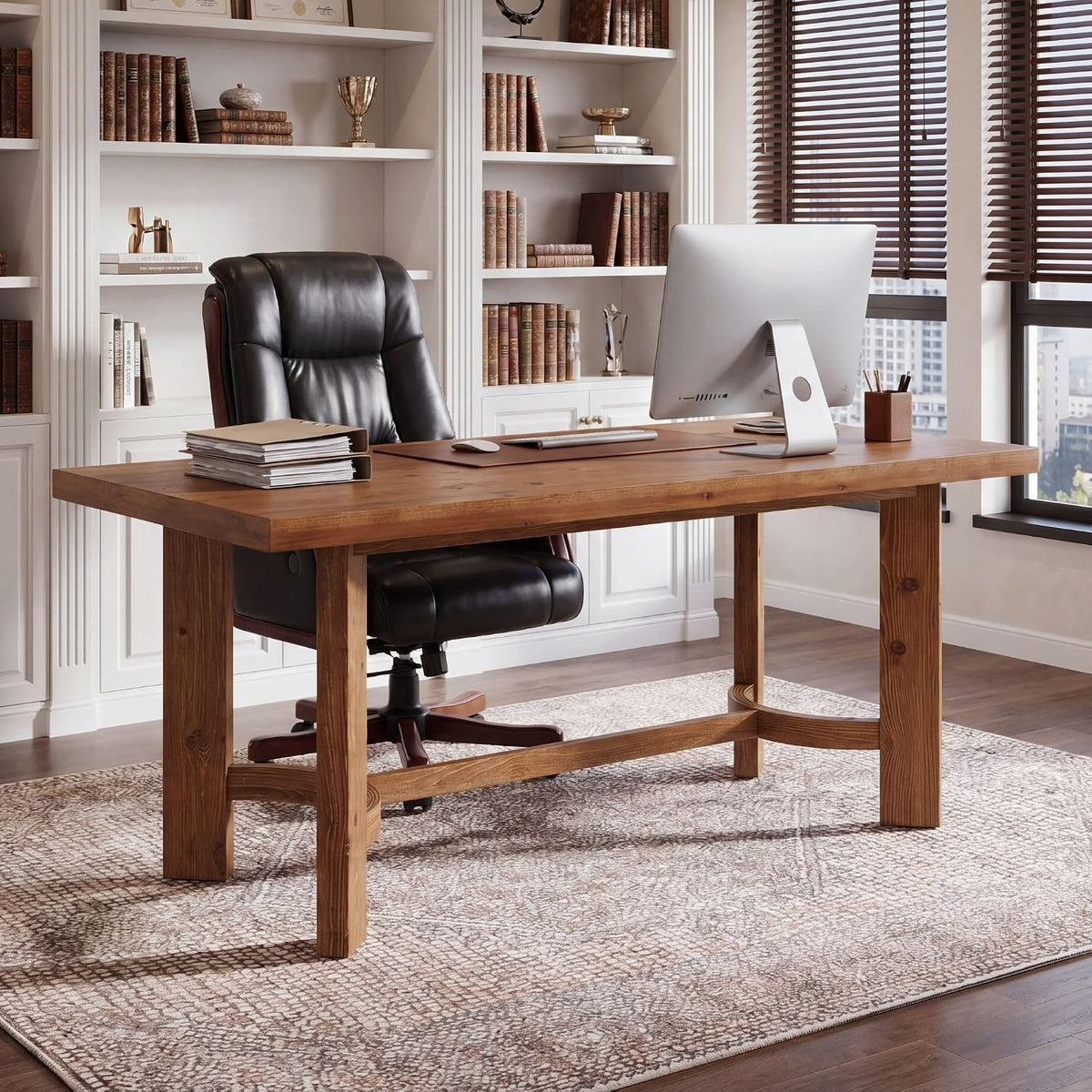 63-Inch Solid Wood Executive Desk, Farmhouse Work Table for Home Office and Meetings