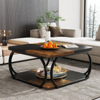 Square Coffee Table, 39" Central Cocktail Table with 2-Tier Shelves