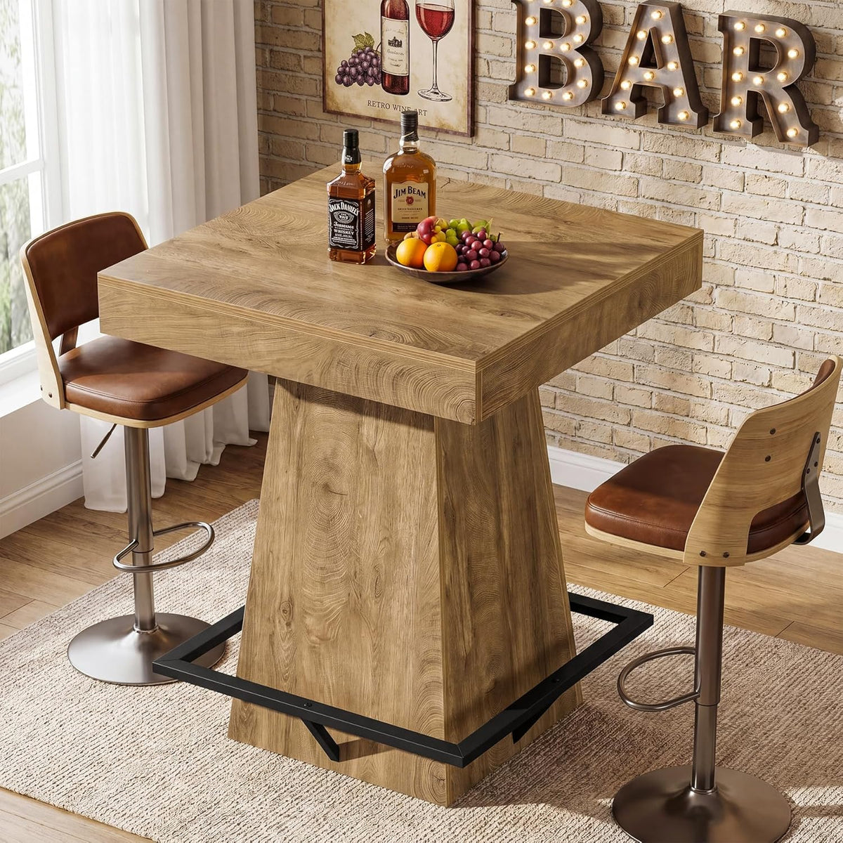31.5-Inch Square Bar Table with 37.4-Inch Height and Metal Footrest for Dining Room and Bistro