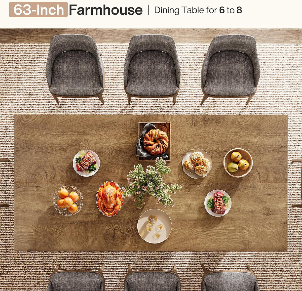 63-Inch Farmhouse Dining Table for 4-6 People, Rectangular Kitchen Table with Heavy Duty Legs for Dining Room