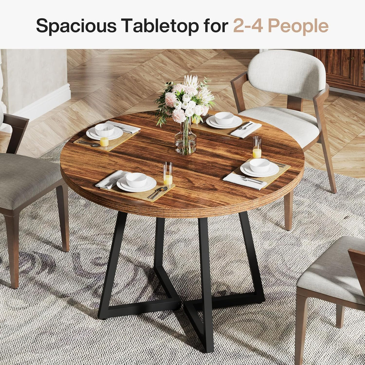 31.5-Inch Round Dining Table for 2, Compact Kitchen Table with Geometric Metal Base#Colour_Rustic Brown