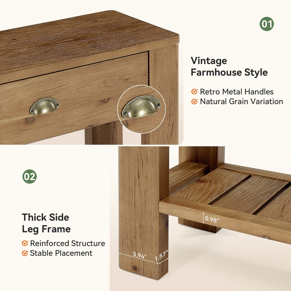 55.12 Inch Solid Fir Wood Console Table with 2 Drawers, Narrow Hallway Table with Shelf