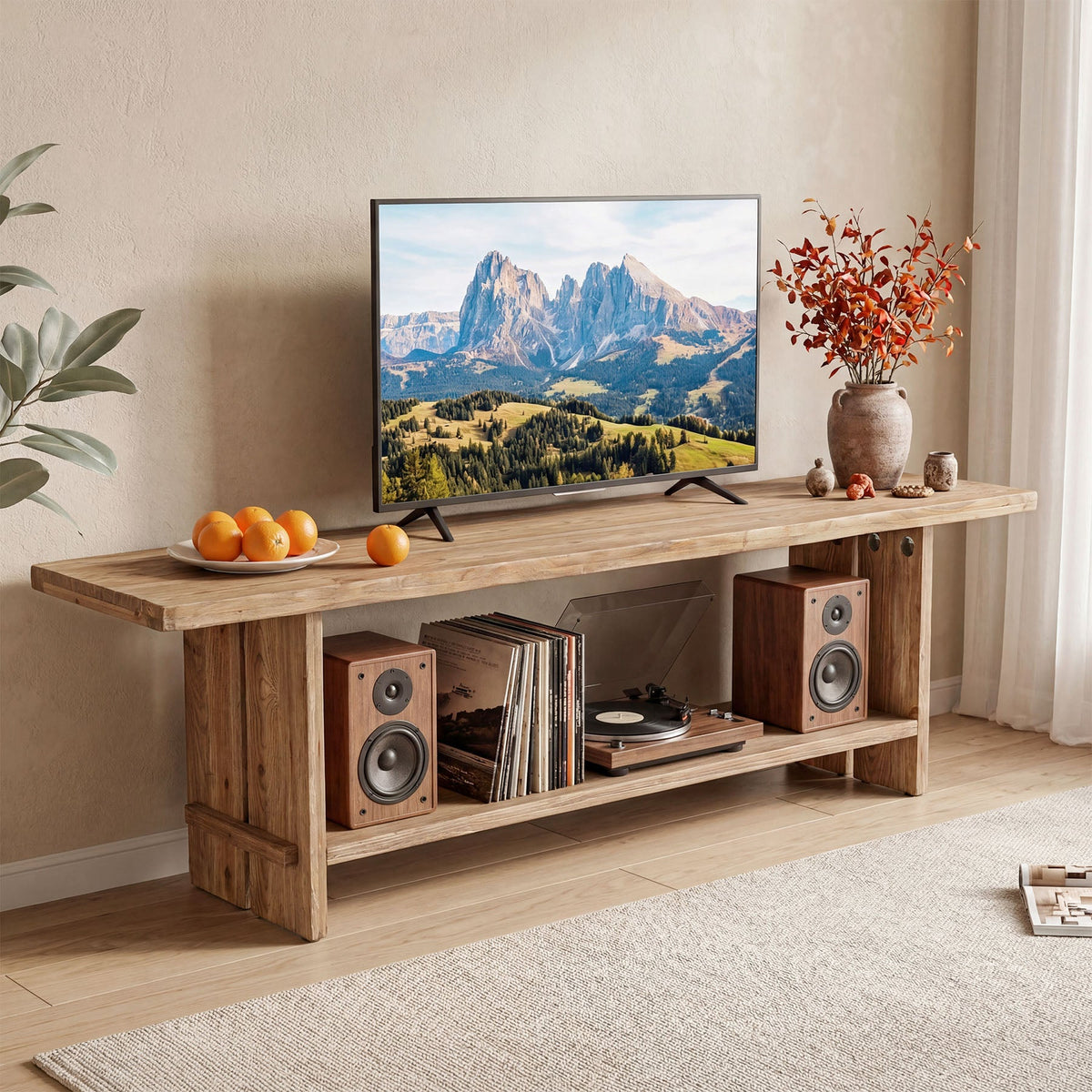71 Inch Solid Wood TV Stand with 2-Tier Storage, Media Console for 55 to 85 Inch TVs