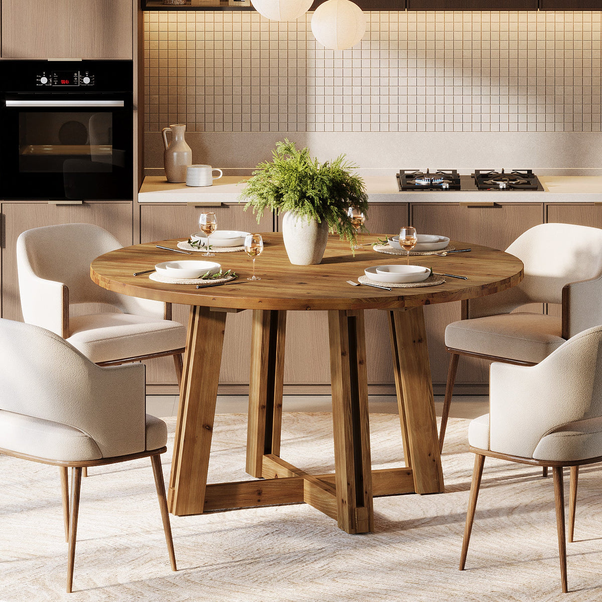 47.3-Inch Solid Wood Round Dining Table for 4-6 People, Farmhouse Kitchen Table with Cross-Shaped Base for Dining Room