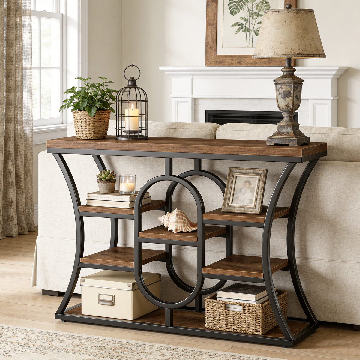 41.3" Sofa Table, Industrial Console Table with Shelves