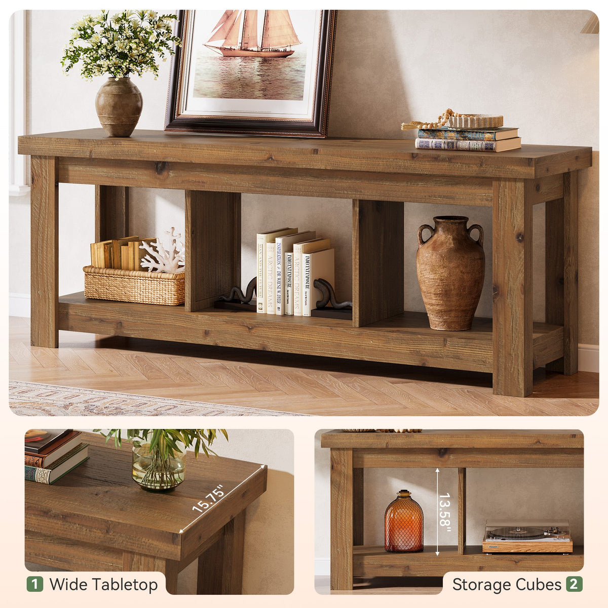 63-Inch Solid Wood TV Stand with 3 Open Storage Shelves, Farmhouse Entertainment Center for TVs up to 75 Inches