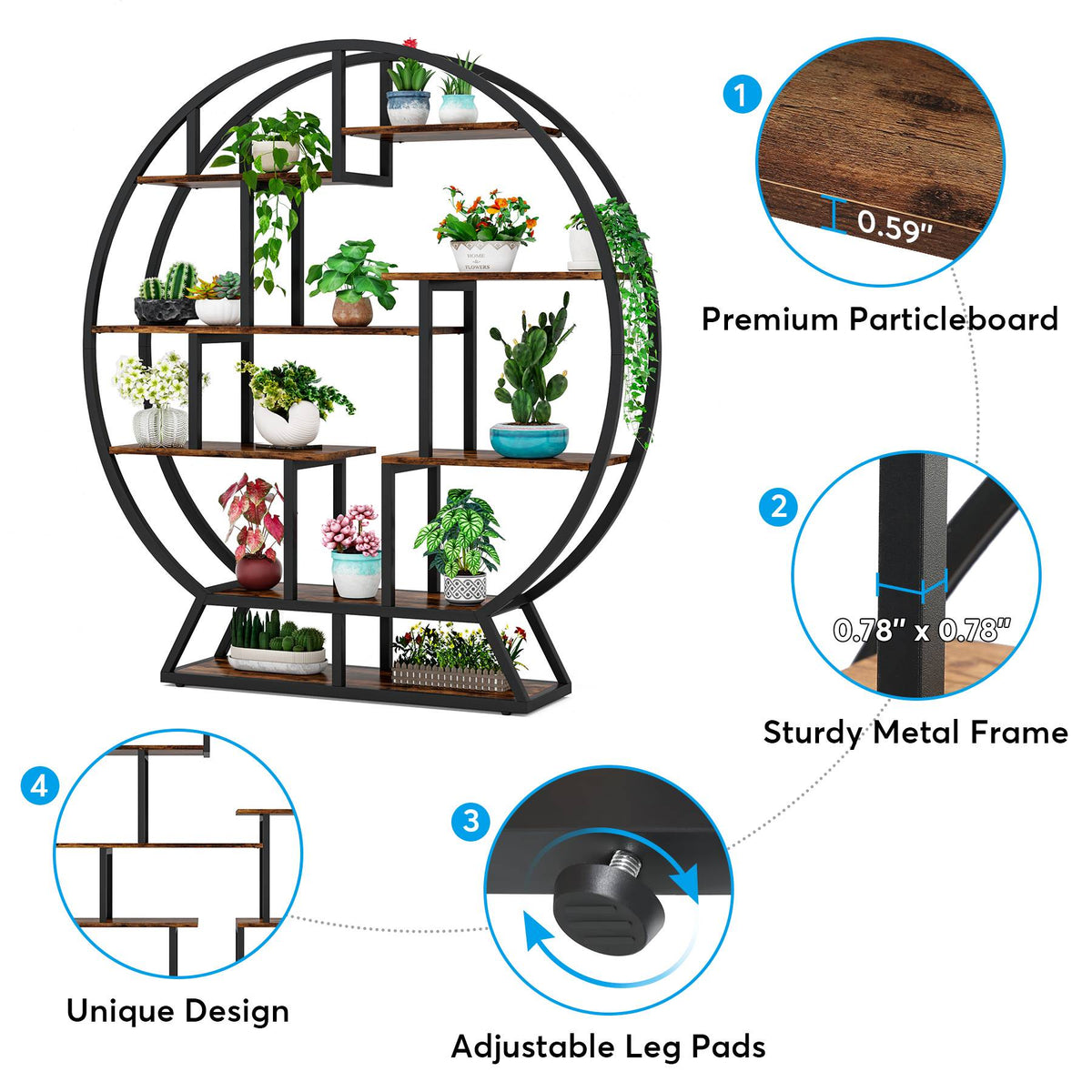 Plant Stand, 63" Round Flower Pot Plant Rack with 8 Shelves