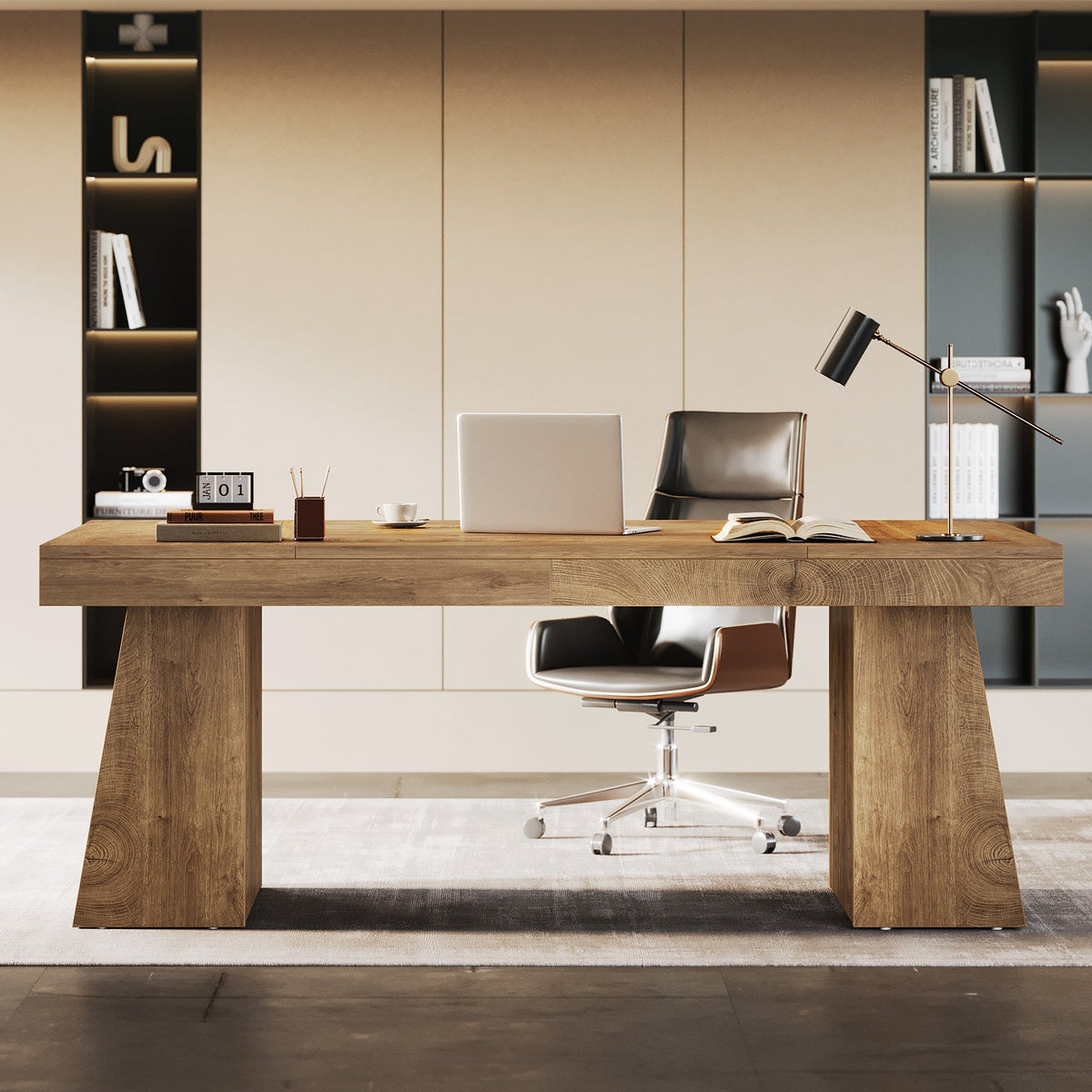 55-Inch Executive Desk, Large Wood Office Computer Desk with Double Pedestal#Colour_Light Brown