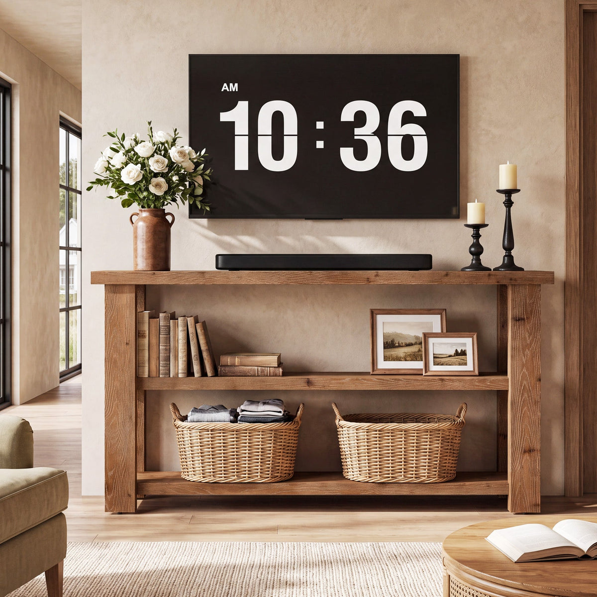 63 Inch Solid Wood Console Table with X-Frame, 3-Tier Hallway Table for Living Room