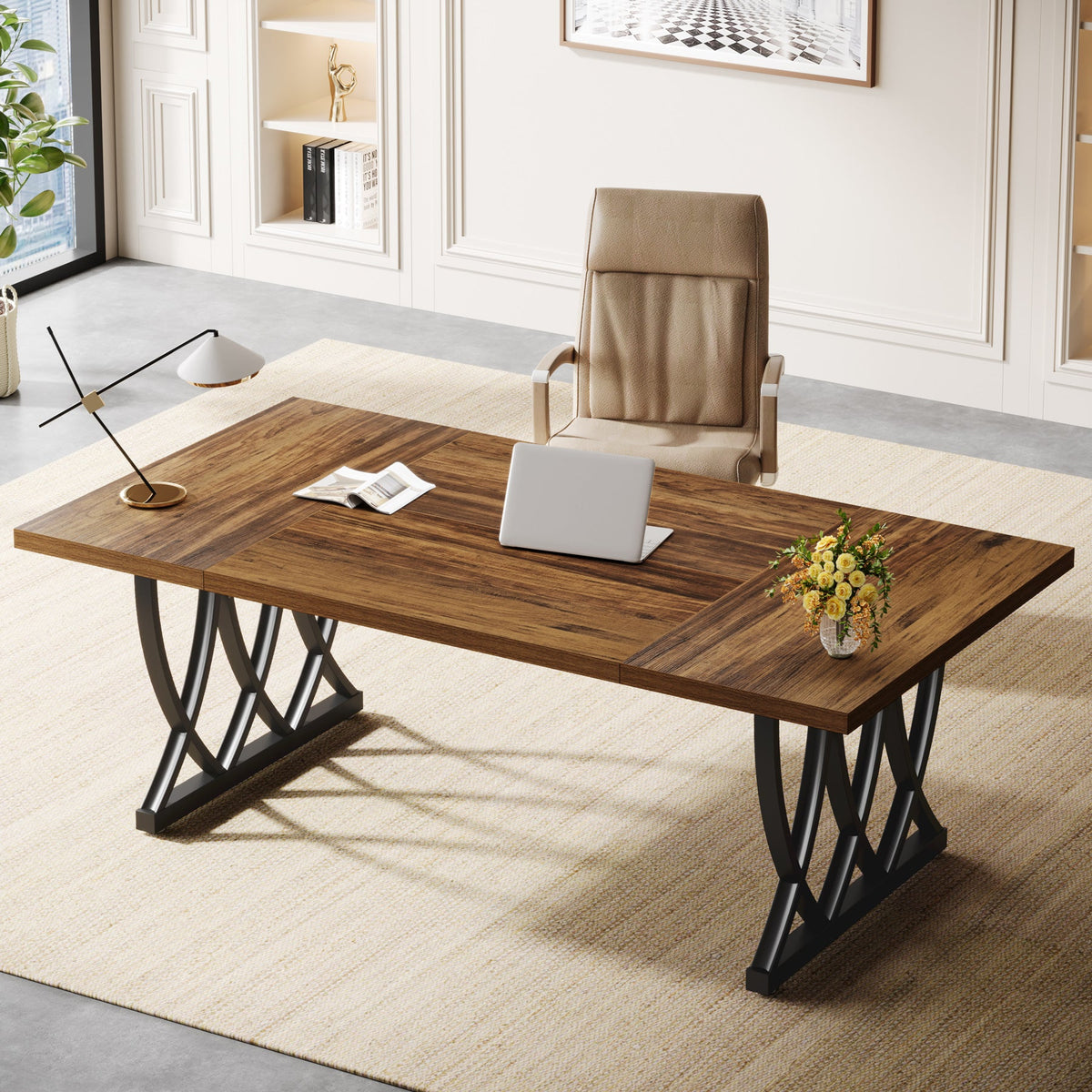 70.86-Inch Executive Desk, Large Home Office Computer Desk with Trestle Metal Frame for Study and Writing