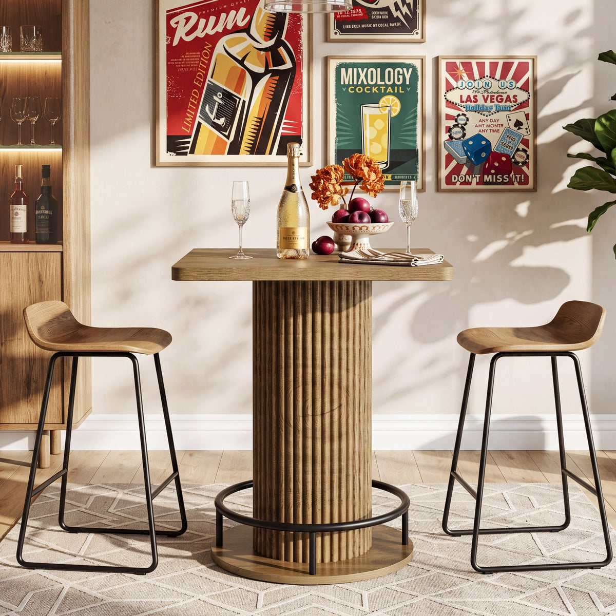 39-Inch Square Bar Table, Wooden Bistro Table with Footrest for Kitchen and Cafe