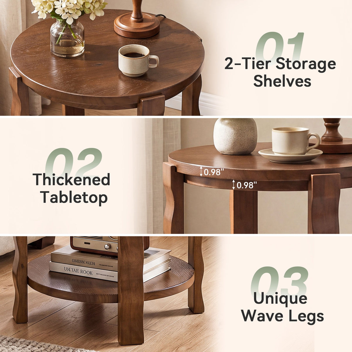 19.69-Inch Round Side Table with 2-Tier Storage, Solid Wood End Table for Living Room