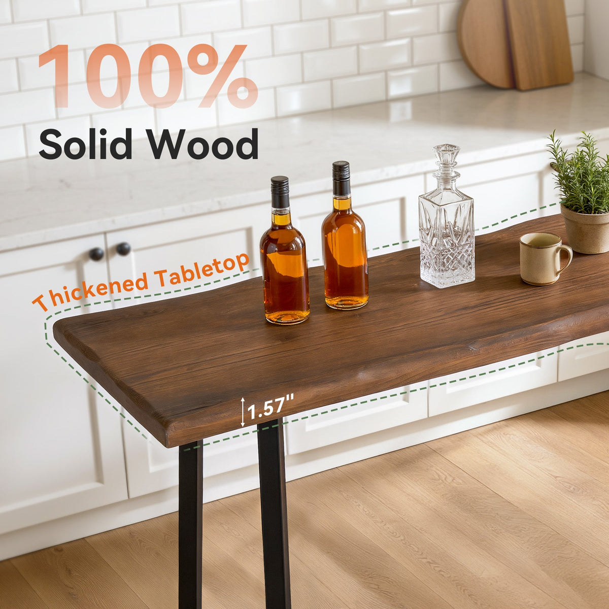 63-Inch Solid Wood Bar Table with Metal Frame, Counter Height Pub Table for Kitchen