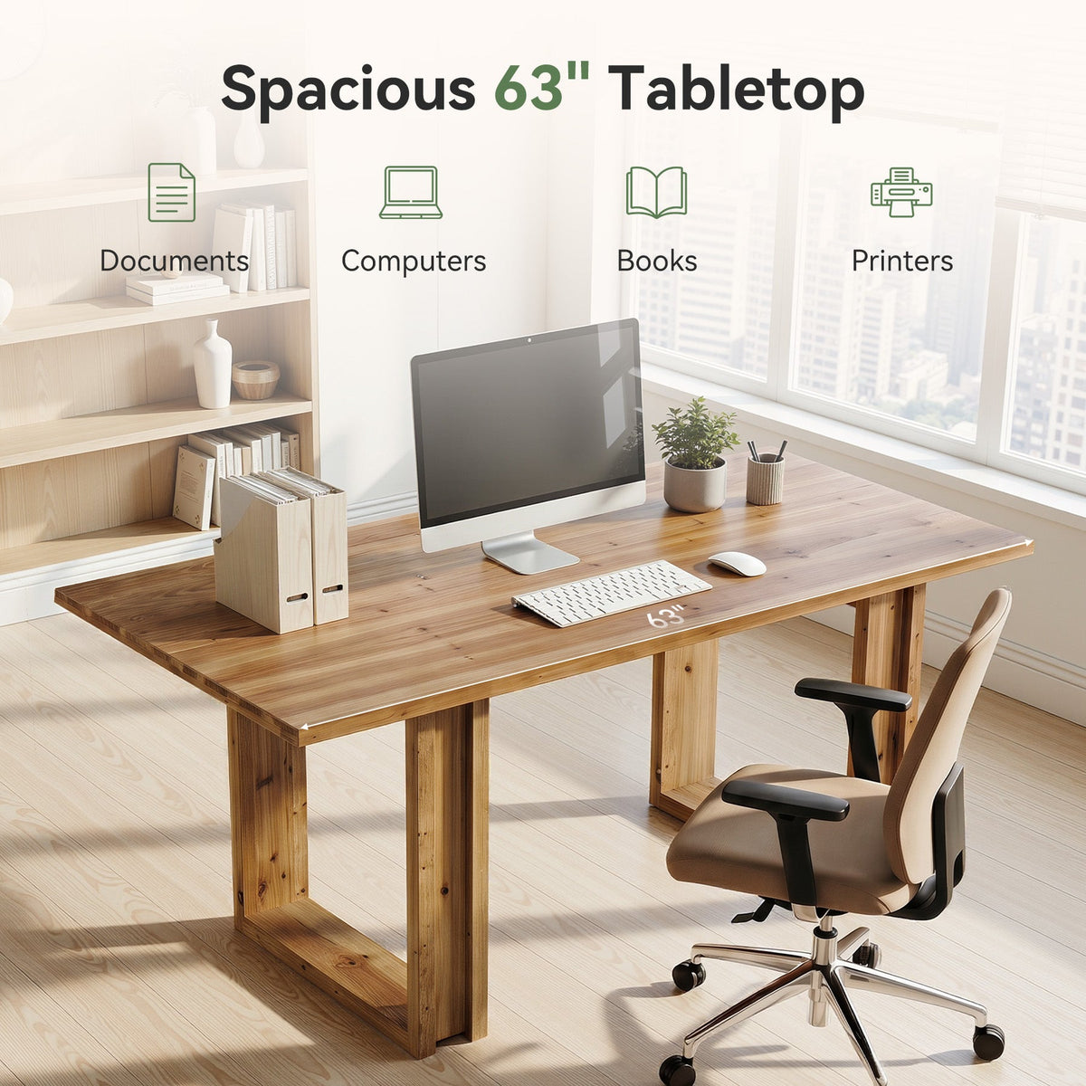 63-Inch Solid Wood Office Desk, Farmhouse Computer Desk for Home Office and Study