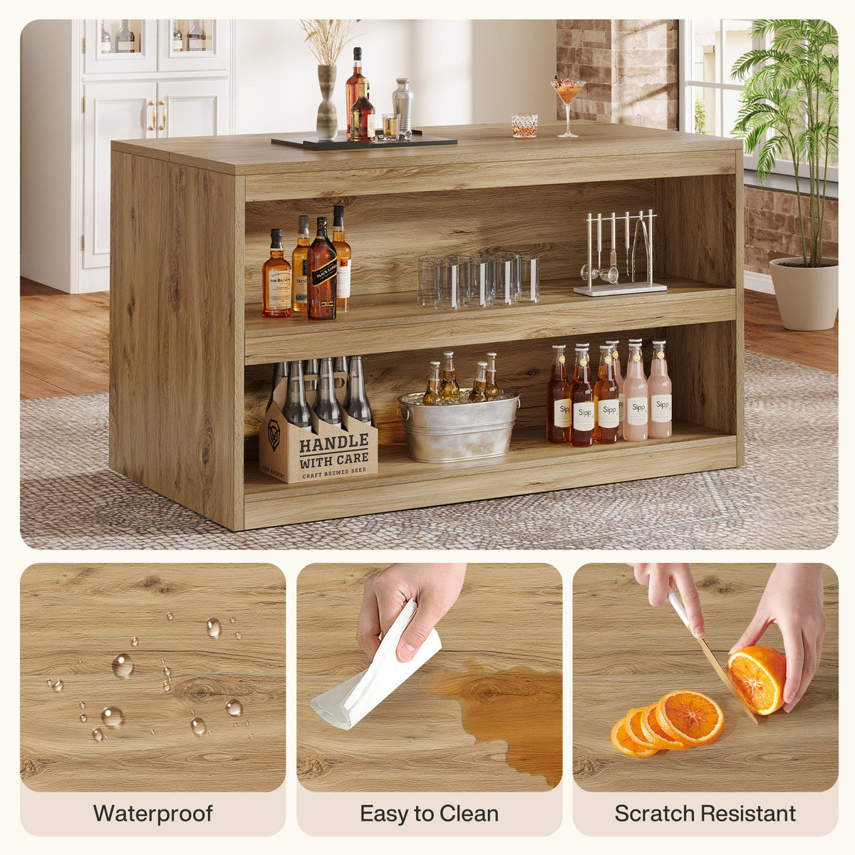 59 Inch Home Bar Table with 2-Tier Shelves, Farmhouse Pub Table for Kitchen and Bistro