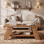 47-Inch Solid Wood Coffee Table with 2-Tier Storage, Farmhouse Rectangle Centre Table for Living Room