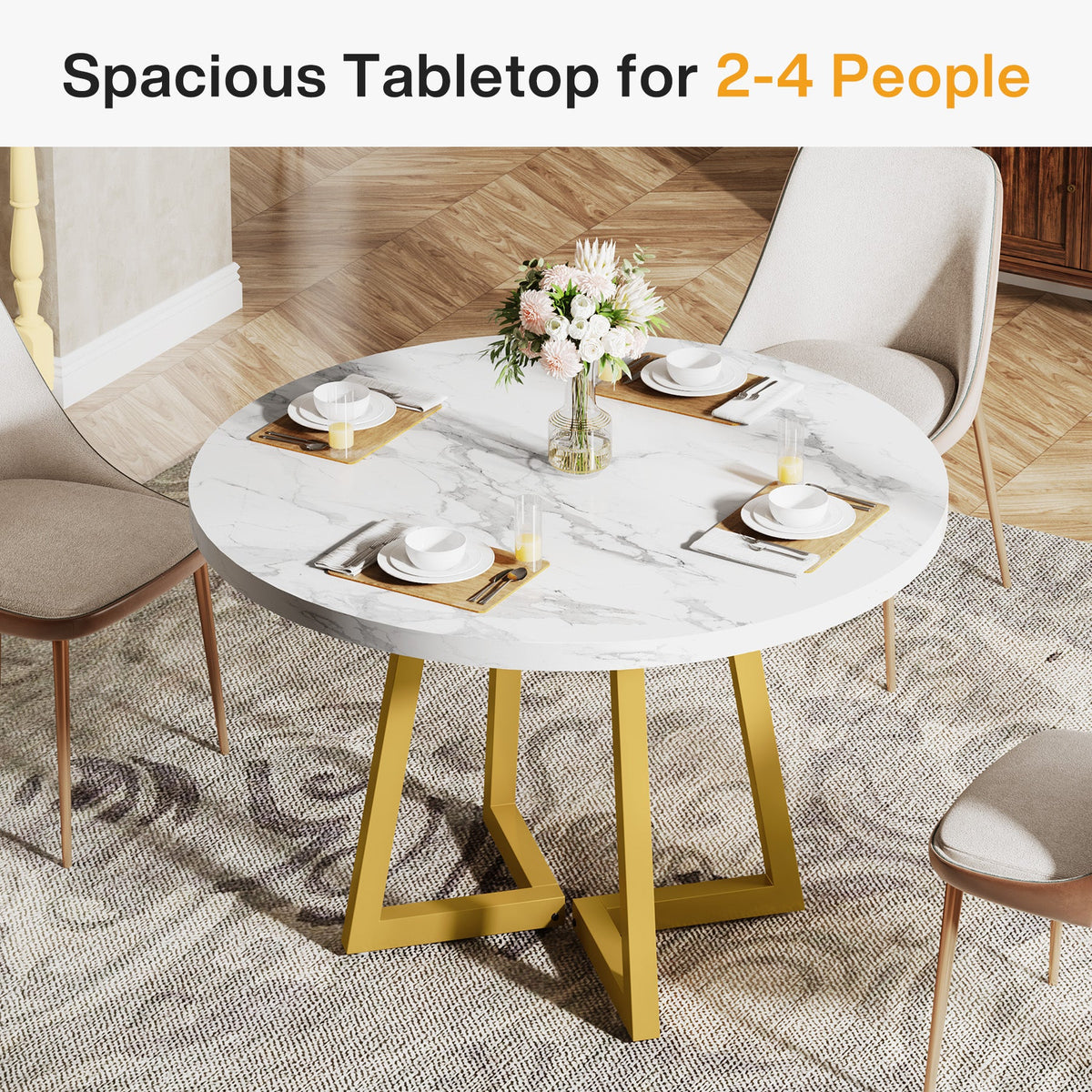 31.5-Inch Round Dining Table for 2, Compact Kitchen Table with Geometric Metal Base#Colour_White