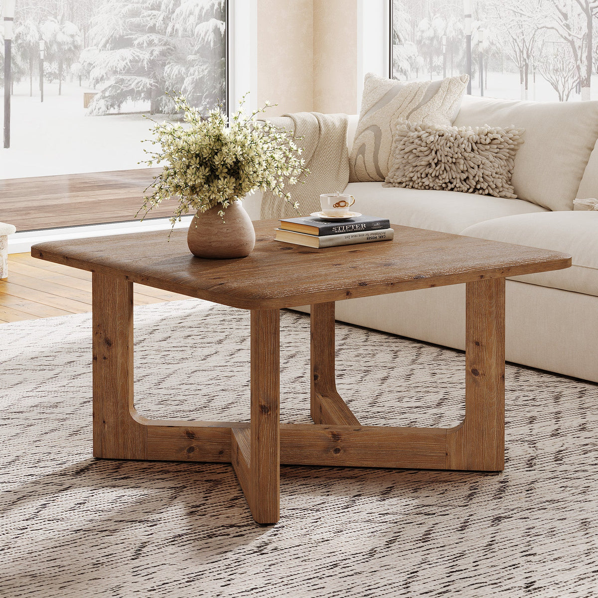 31.5 Inch Square Solid Wood Coffee Table, Farmhouse Living Room Table with Sturdy Base