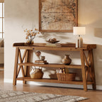 63-Inch Solid Wood Console Table with X-Frame, 3-Tier Hallway Table for Living Room