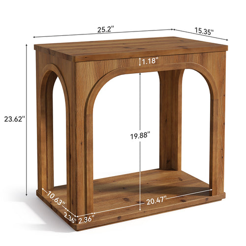 25.2-Inch Solid Wood End Table with Arched Design and Bottom Shelf, 2-Tier Farmhouse Side Table for Living Room