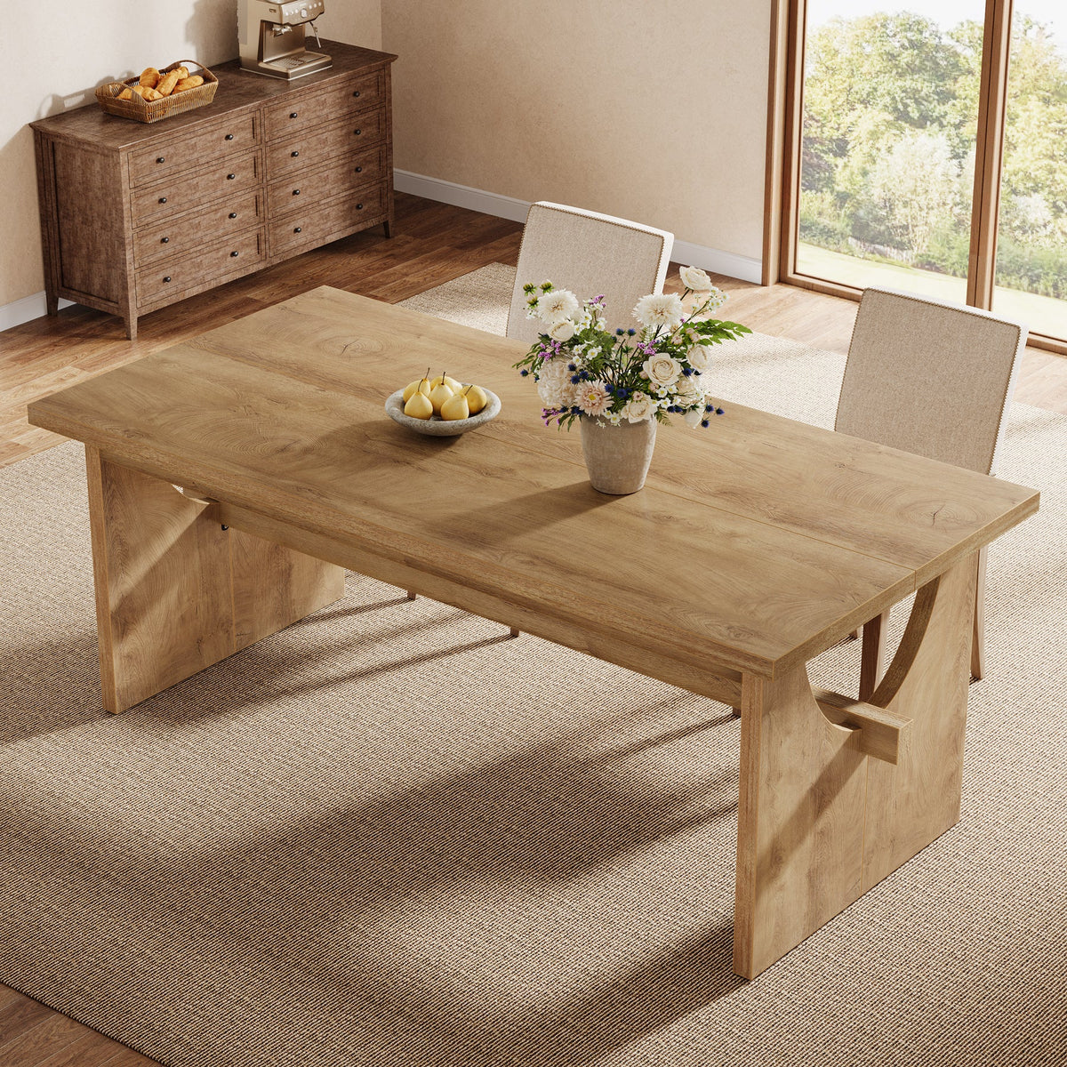 63-Inch Farmhouse Dining Table for 4 to 6 People with Heavy Duty Double Base
