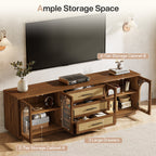 71-Inch TV Stand with Rattan Drawers, Mid-Century Media Console for Living Room