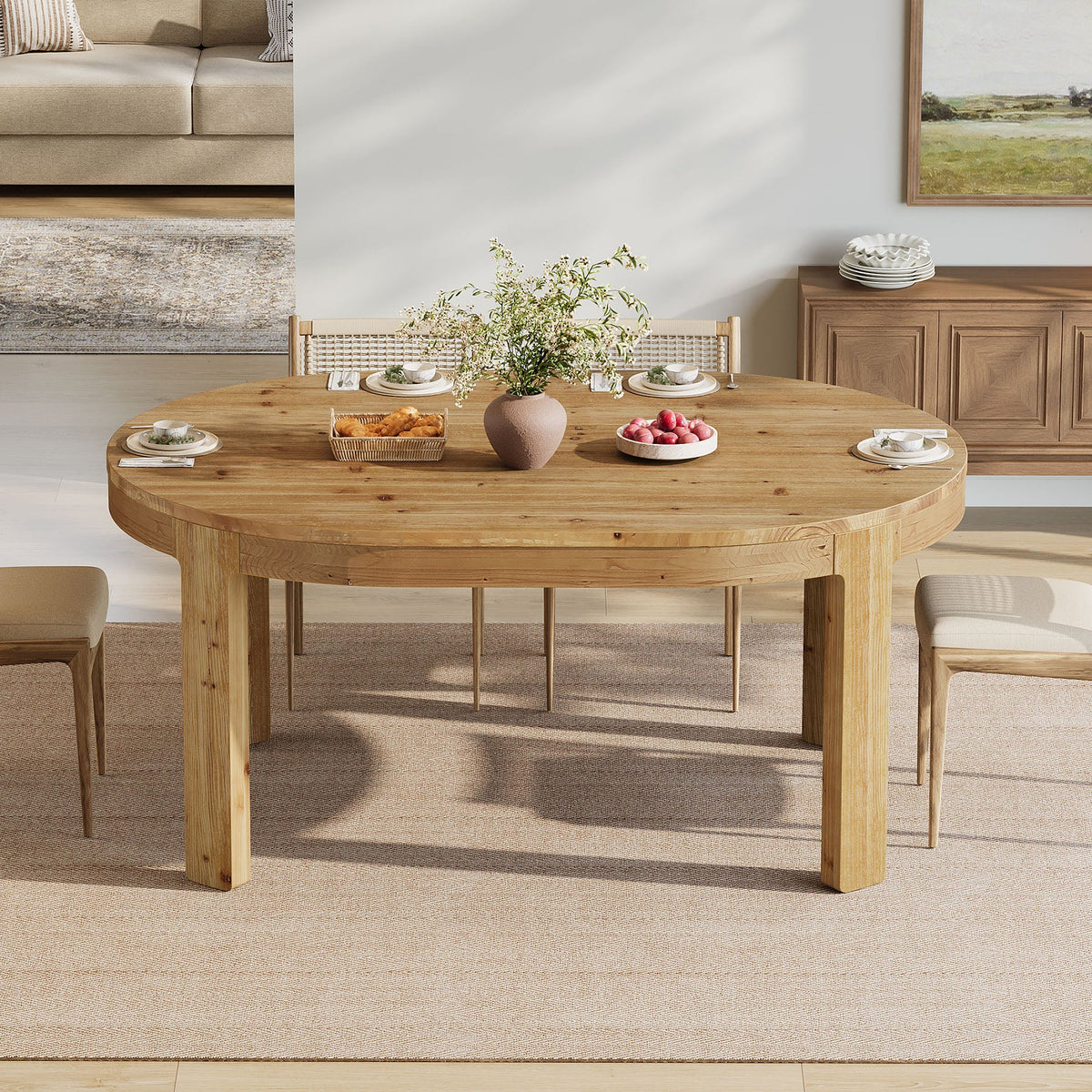 55-Inch Farmhouse Oval Dining Table, Solid Wood Kitchen Table for 4 in Small Spaces