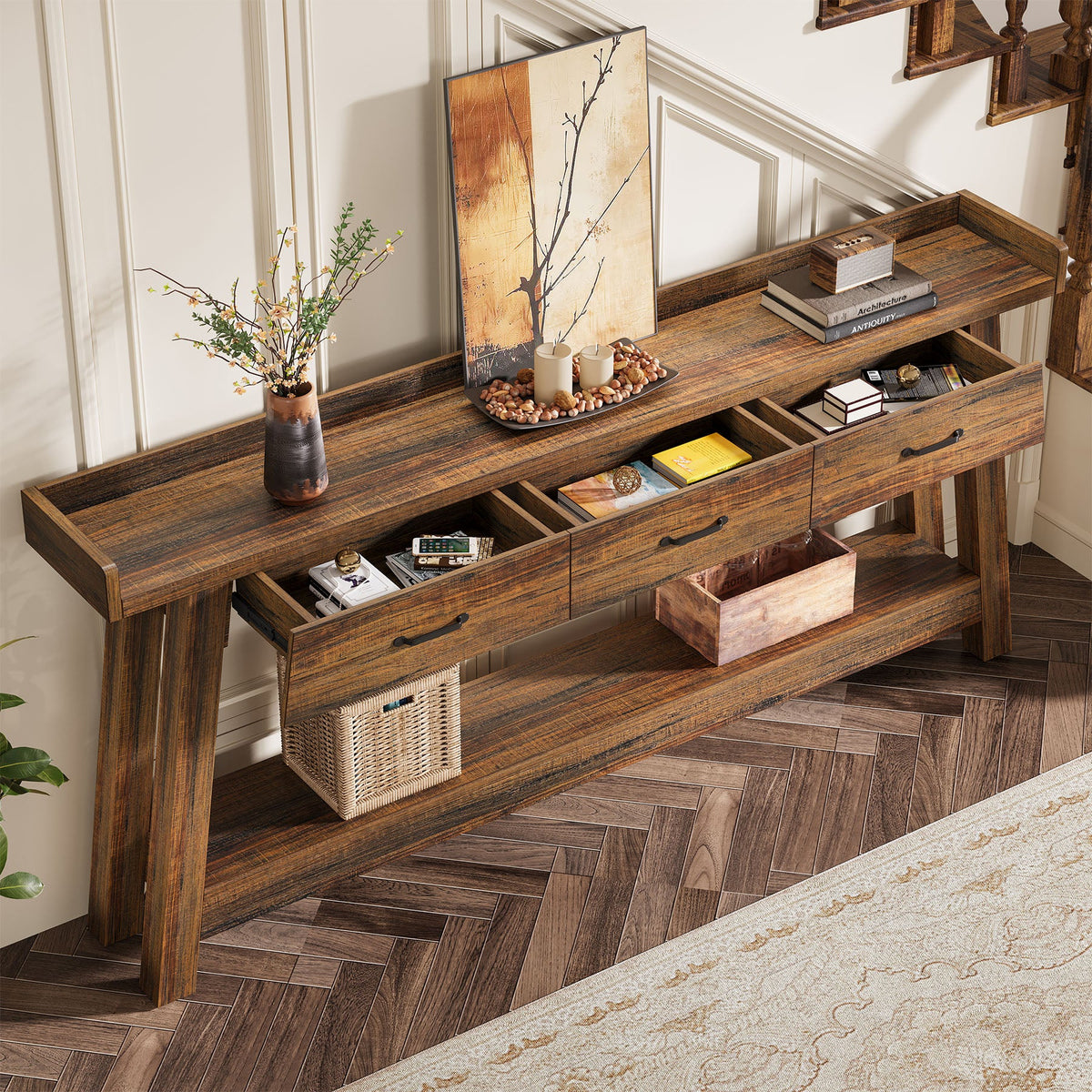 70.9 Inch Extra Long Console Table with 3 Drawers, 2-Tier Sofa Table for Living Room