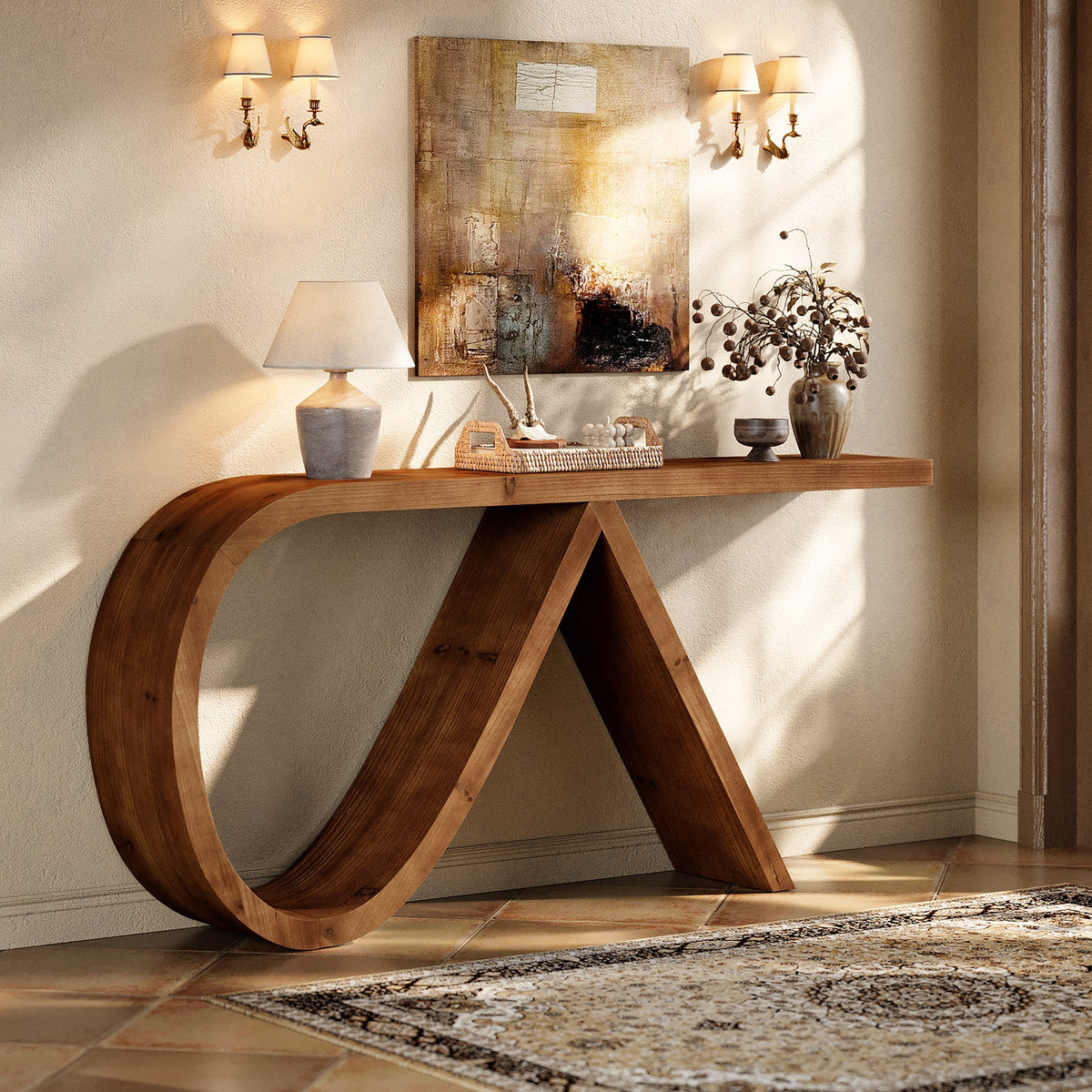 57-Inch Curved Console Table, Solid Wood Sofa Table for Hallway