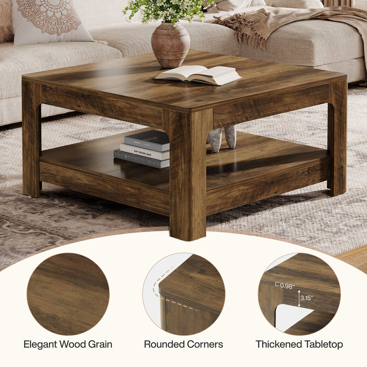 39.4-Inch Square Coffee Table, Large Farmhouse Center Table with Storage Shelf for Living Room
