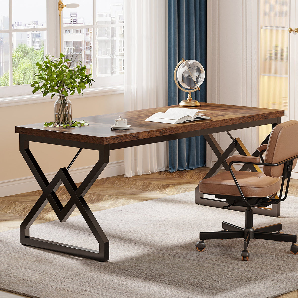 63-Inch Large Office Desk, Industrial Computer Executive Desk with Extra Thick Wood-Look Top and Metal Frame for Home Office