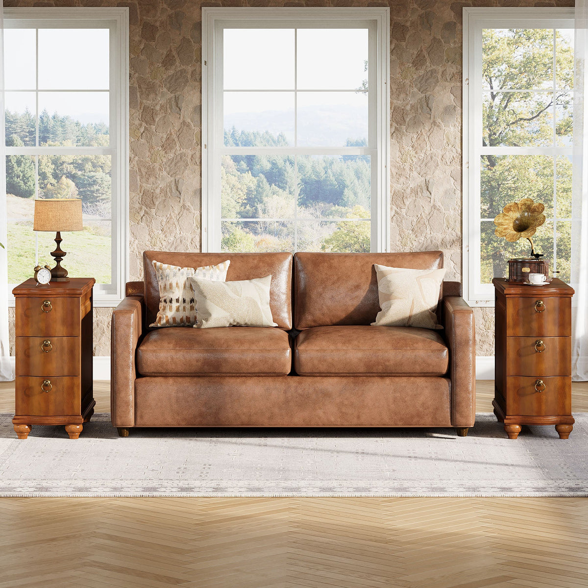 11.02-Inch Wide Fully Assembled End Table with 3 Drawers, Narrow Walnut Brown Side Table for Bedside Living Room