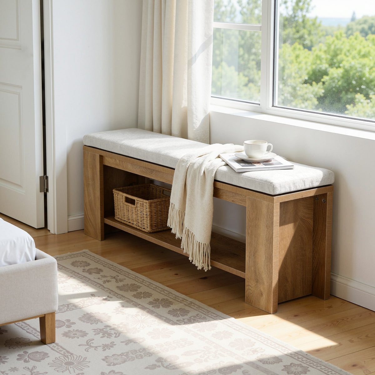 47.24-Inch Upholstered Hallway Bench with Padded Seat, Farmhouse Bed Bench for Bedroom