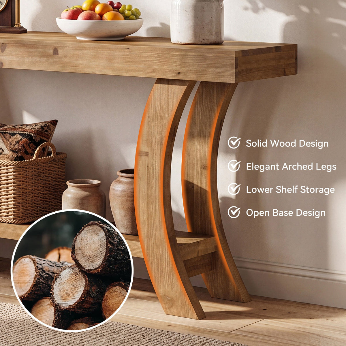 63 Inch Solid Wood Console Table with Shelf, Arched Farmhouse Entryway and Sofa Table