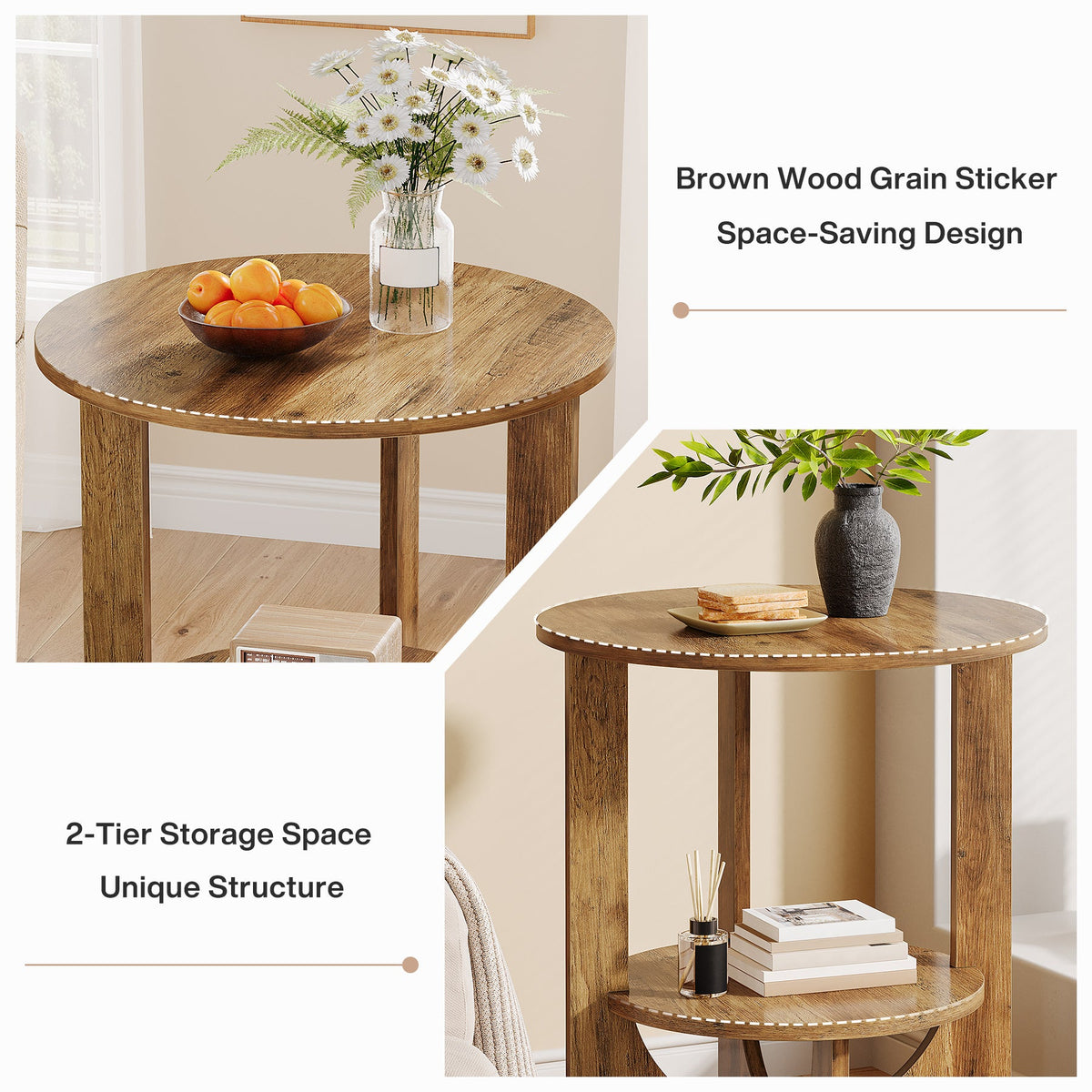 19.68-Inch Round End Table with Storage, 2-Tier Tall Side Table for Living Room and Bedroom