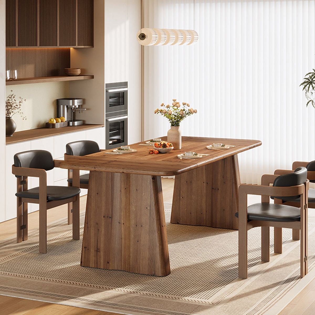 63-Inch Solid Wood Dining Table with Double Pedestal Base, Rustic Table for Dining Room