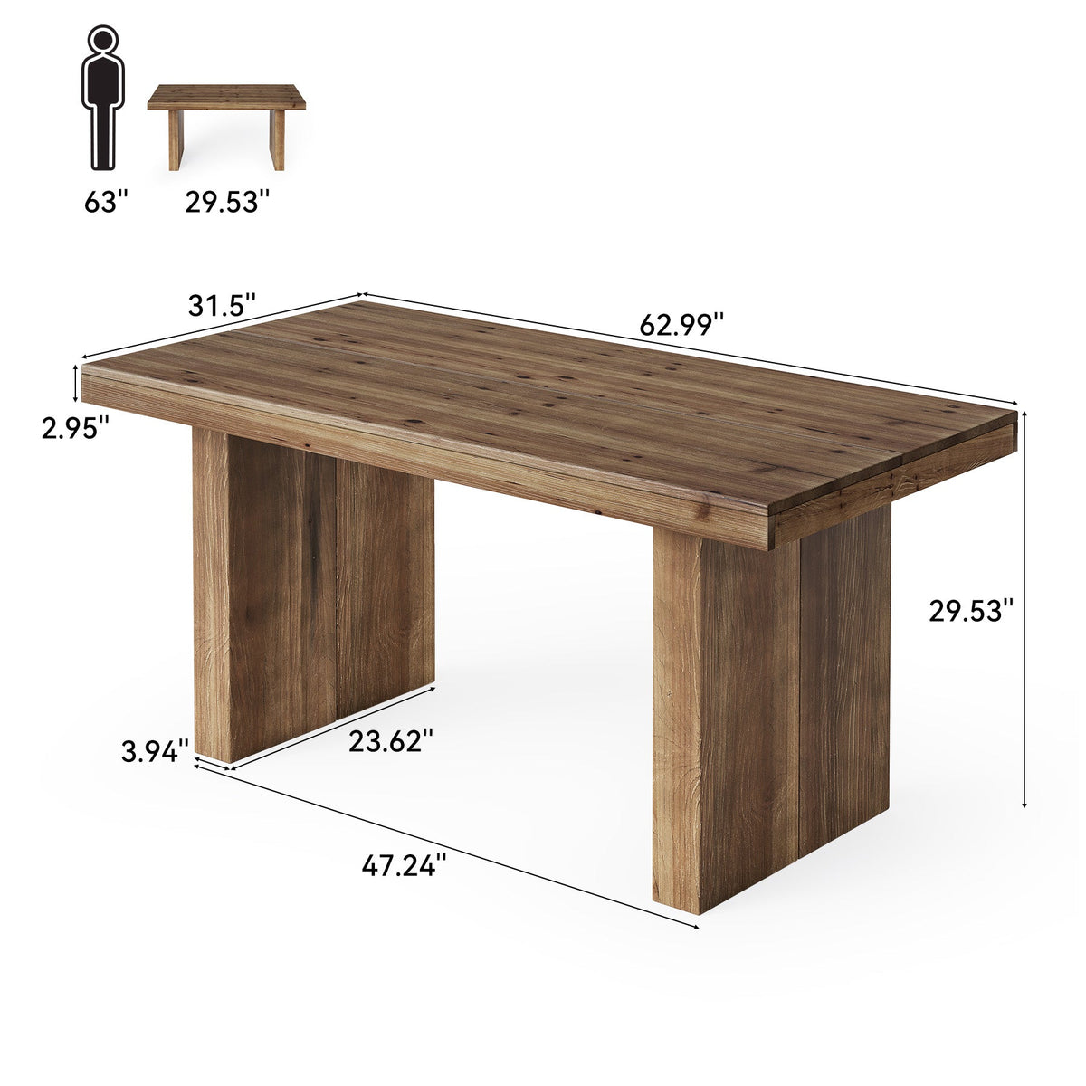 63-Inch Solid Wood Executive Desk with Spacious Tabletop and Sturdy Wooden Legs, Farmhouse Computer Desk for Home Office Study and Workstation
