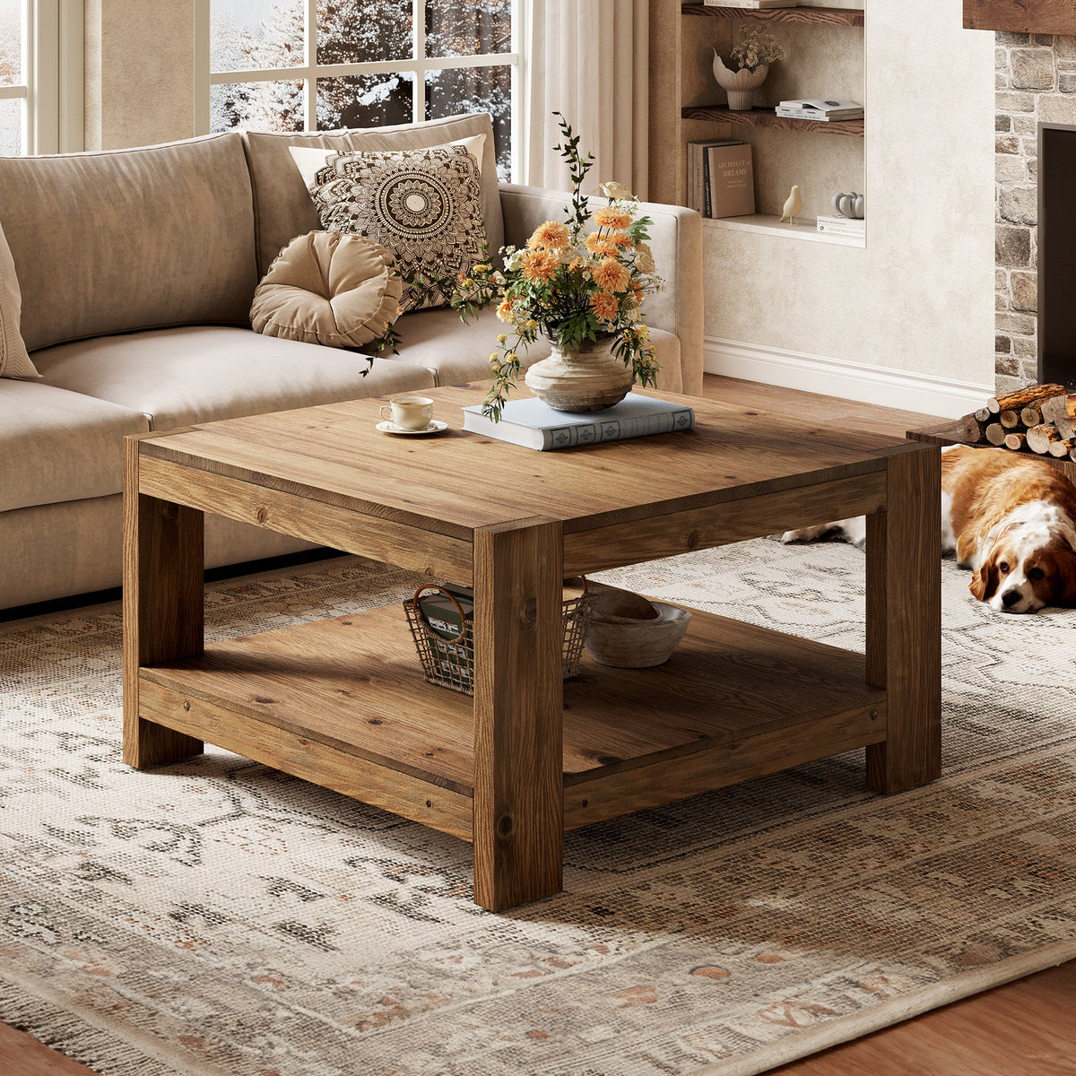31.5-Inch Square Farmhouse Coffee Table with Storage Shelf, Solid Wood Center Table for Living Room