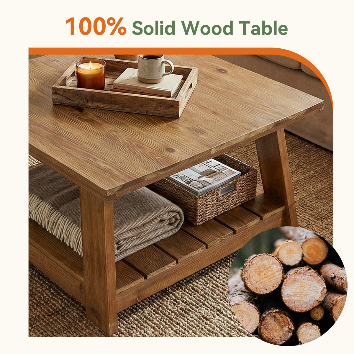 31.5 Inch Solid Wood Square Coffee Table, Farmhouse Centre Table with Storage Shelf