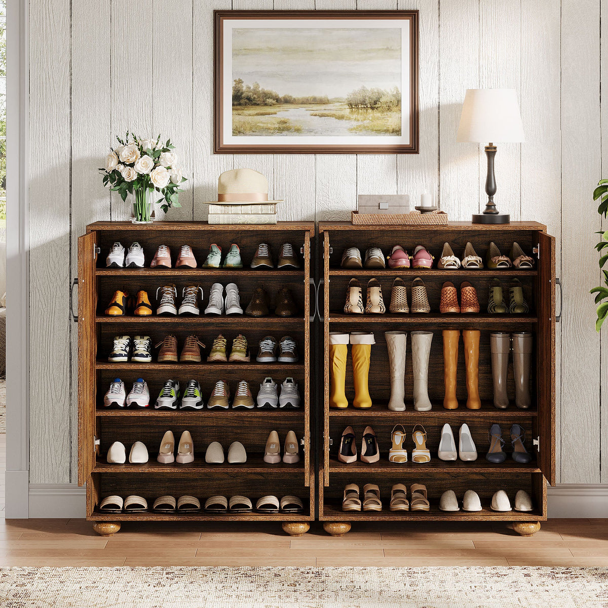 31.5-Inch Solid Wood Shoe Cabinet for Entryway, Farmhouse Tall Shoe Storage Cabinet with Doors and Adjustable Shelves for Hallway