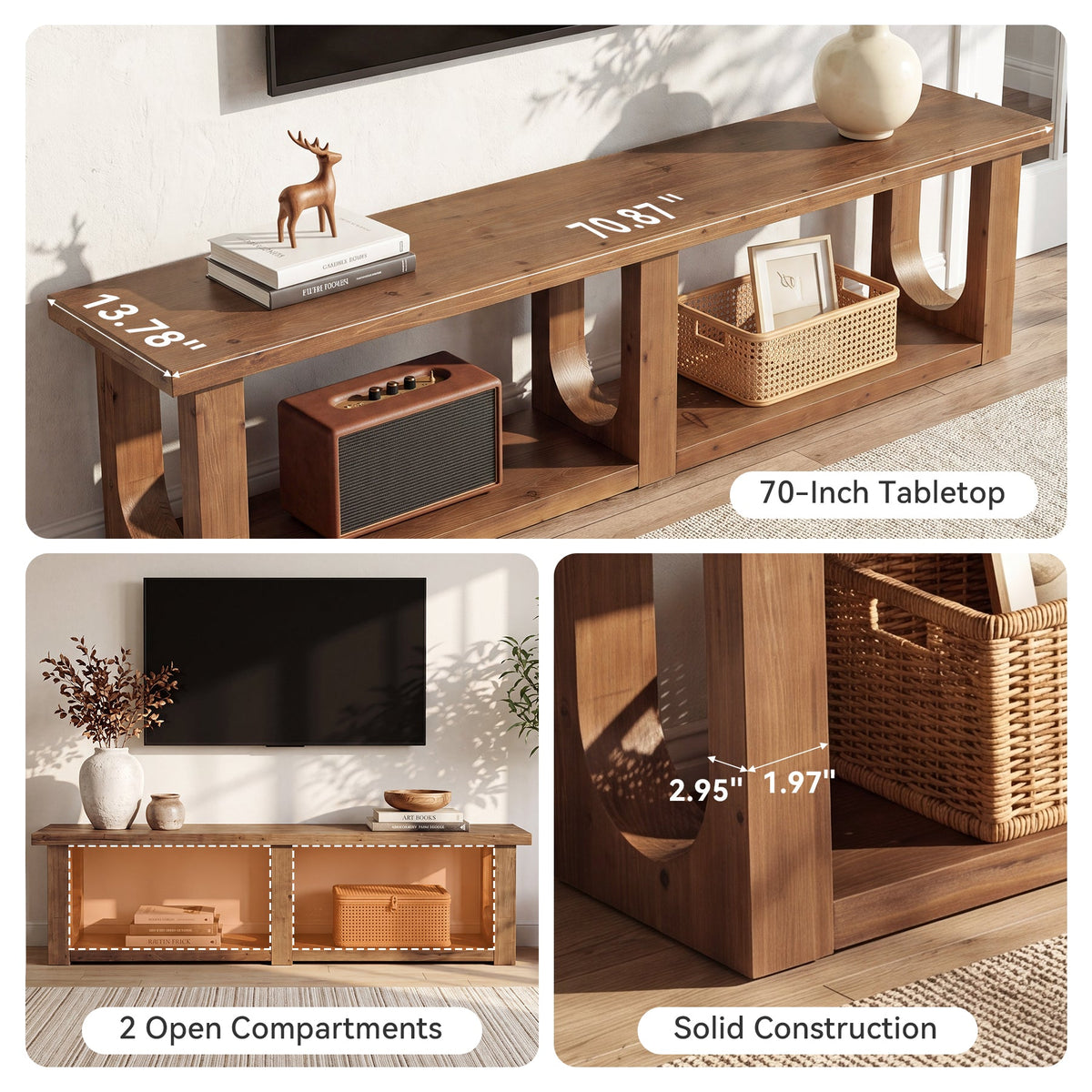 70-Inch Solid Wood TV Stand with 2-Tier Storage, Farmhouse Media Console for Living Room