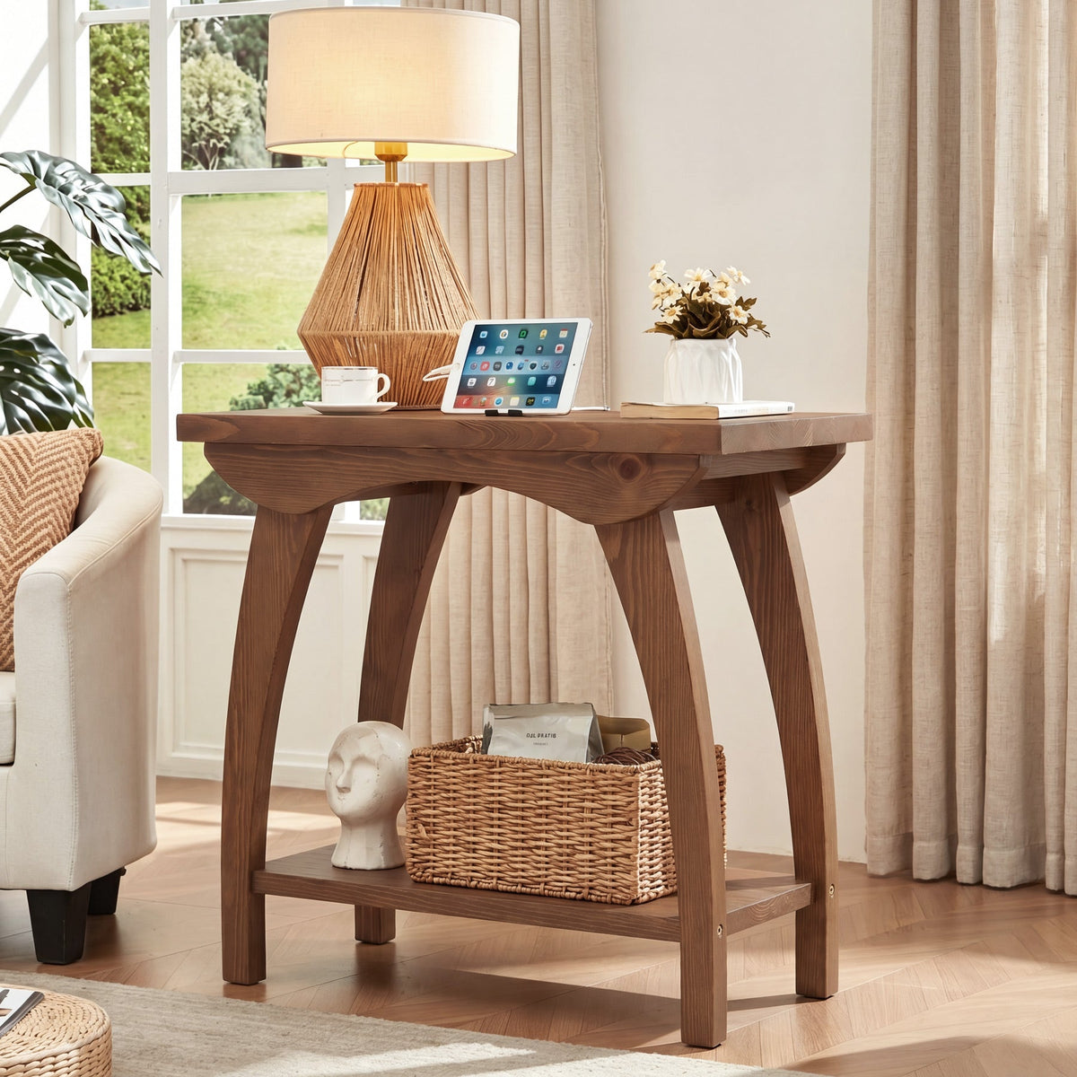 23.62-Inch Solid Wood End Table with Lower Shelf, Farmhouse Side Table for Living Room
