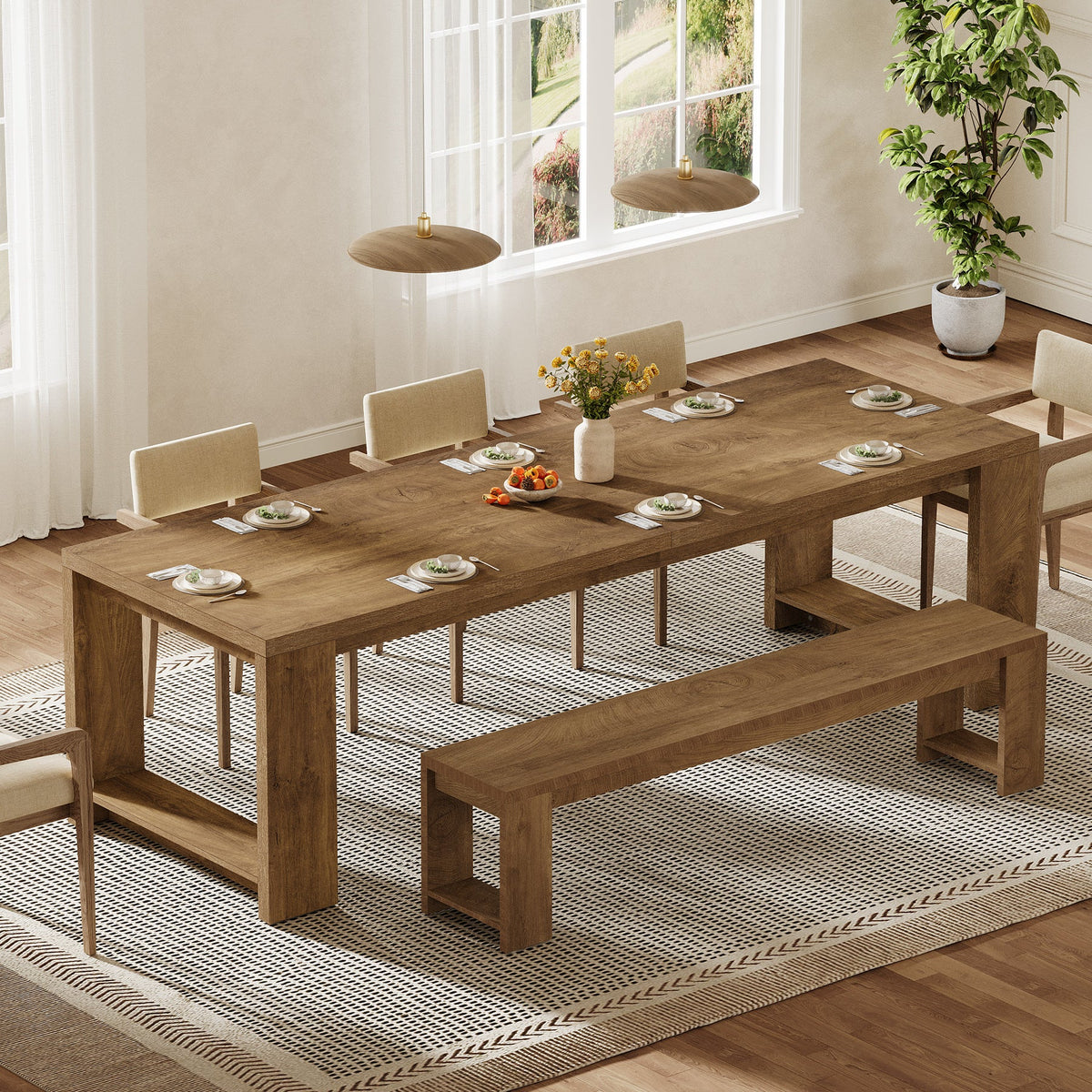 86.6-Inch Dining Table for 6 with Reinforced Base, Long Farmhouse Table for Kitchen