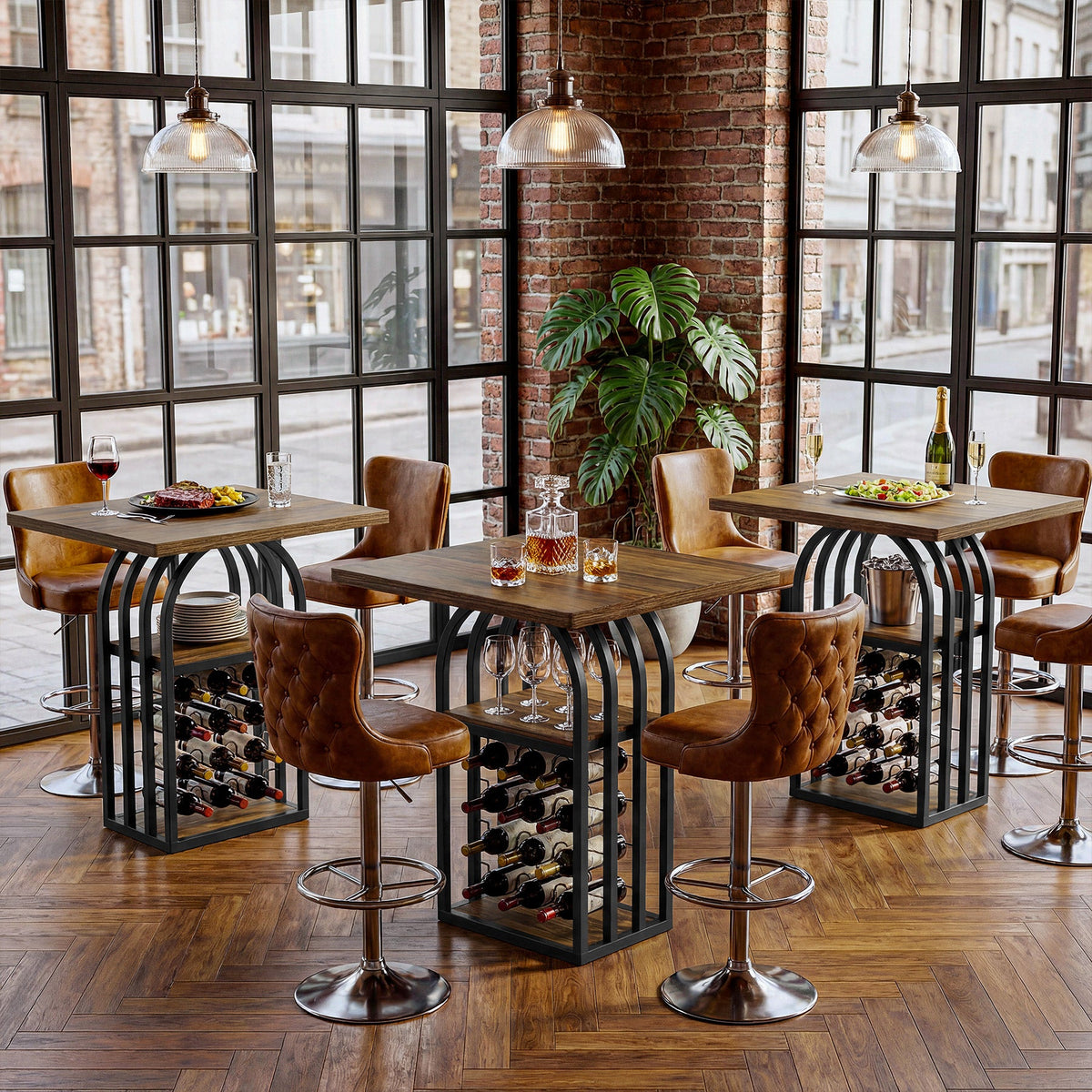 35.43-Inch Square Bistro Pub Table with Wine Rack, Home Bar Table for Kitchen and Living Room