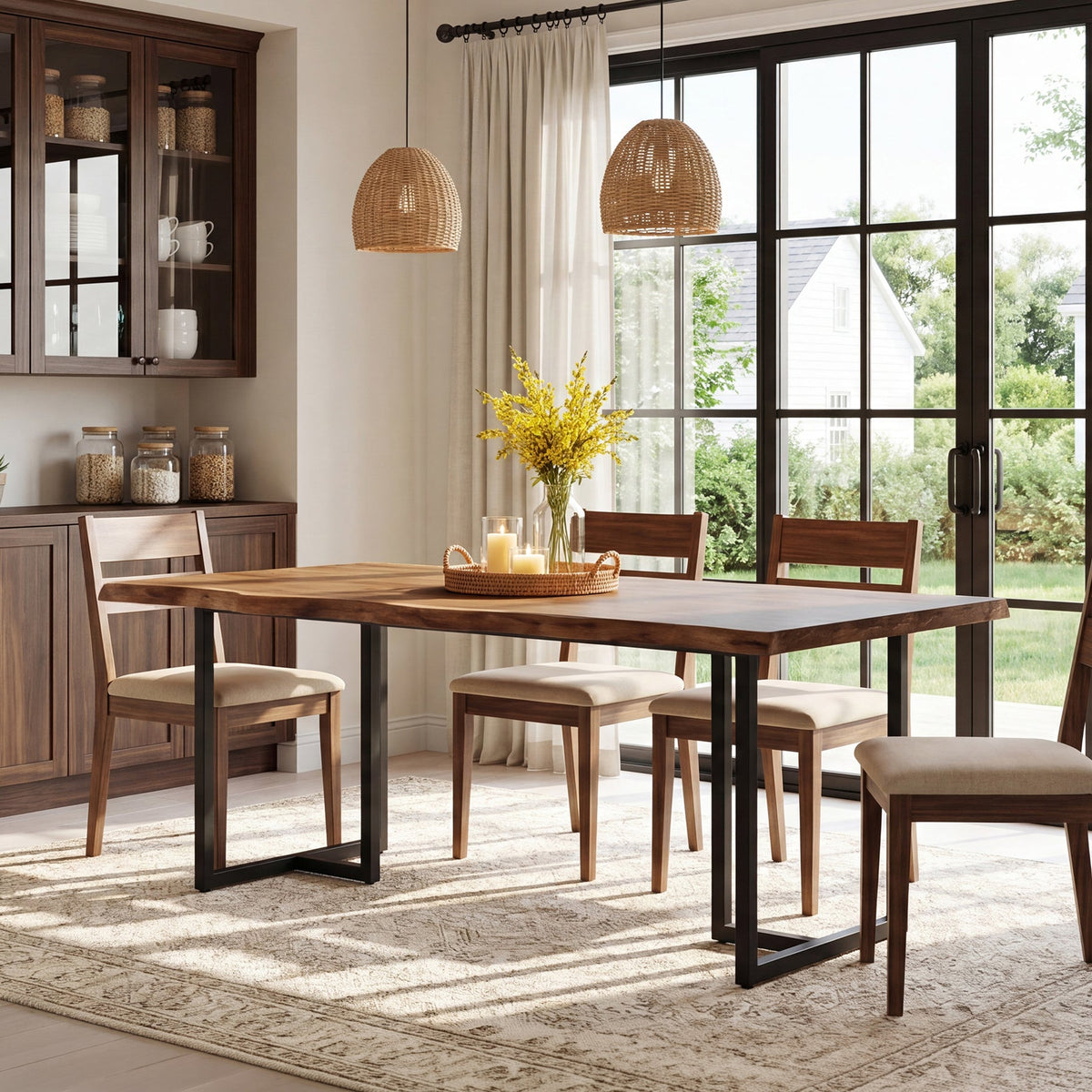 63-Inch Solid Wood Dining Table with Live-Edge Inspired Top and Metal U-Frame, Industrial Kitchen Table for 4-6 People