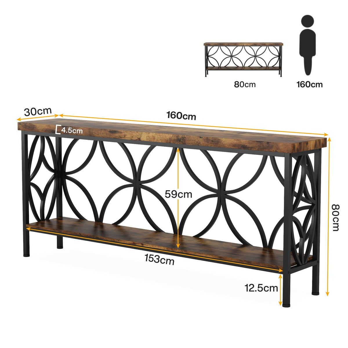 63" Industrial Console Table, Narrow Sofa Table with Storage Shelf