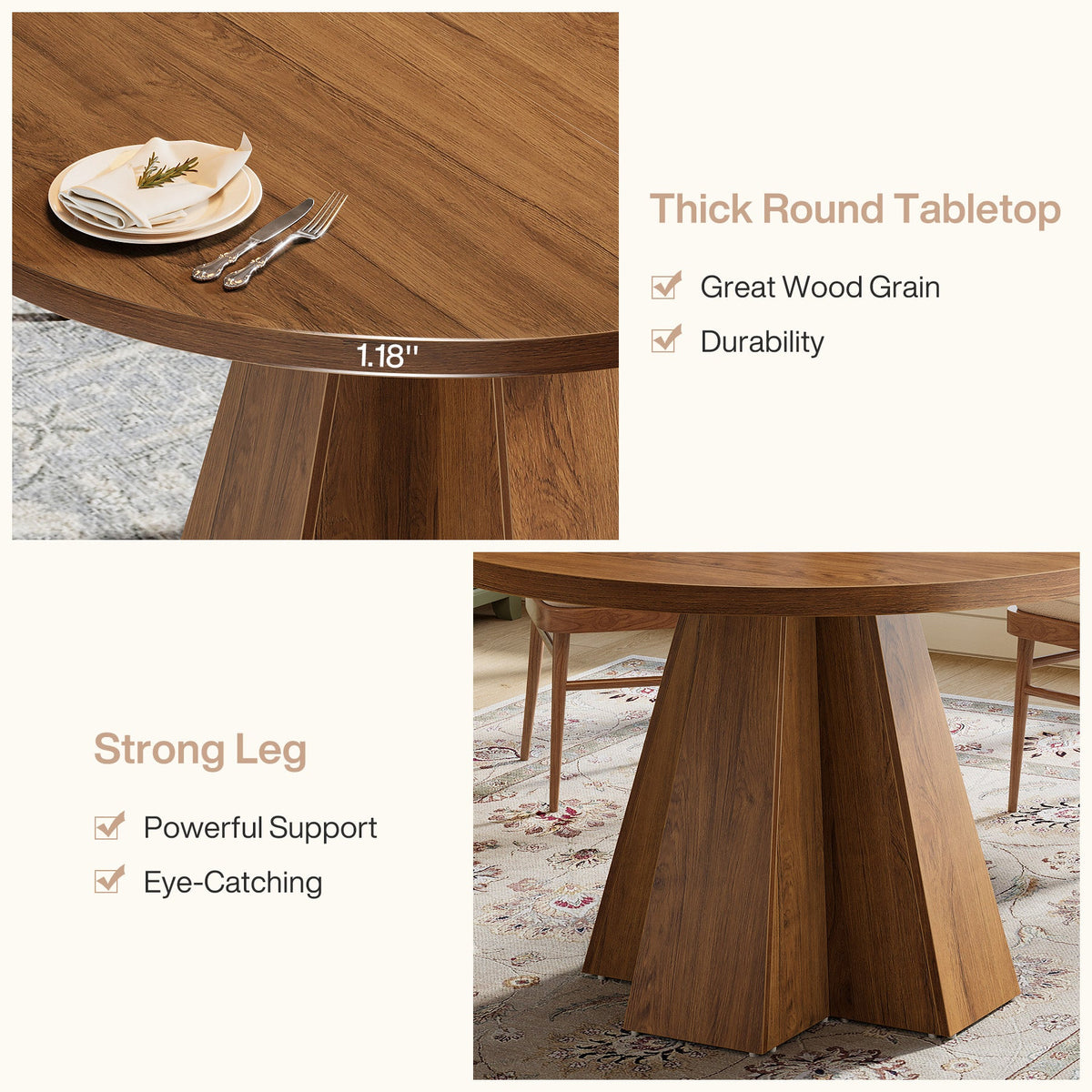 47-Inch Round Dining Table, Sturdy Base with Thickened Top for Kitchen and Dining Room
