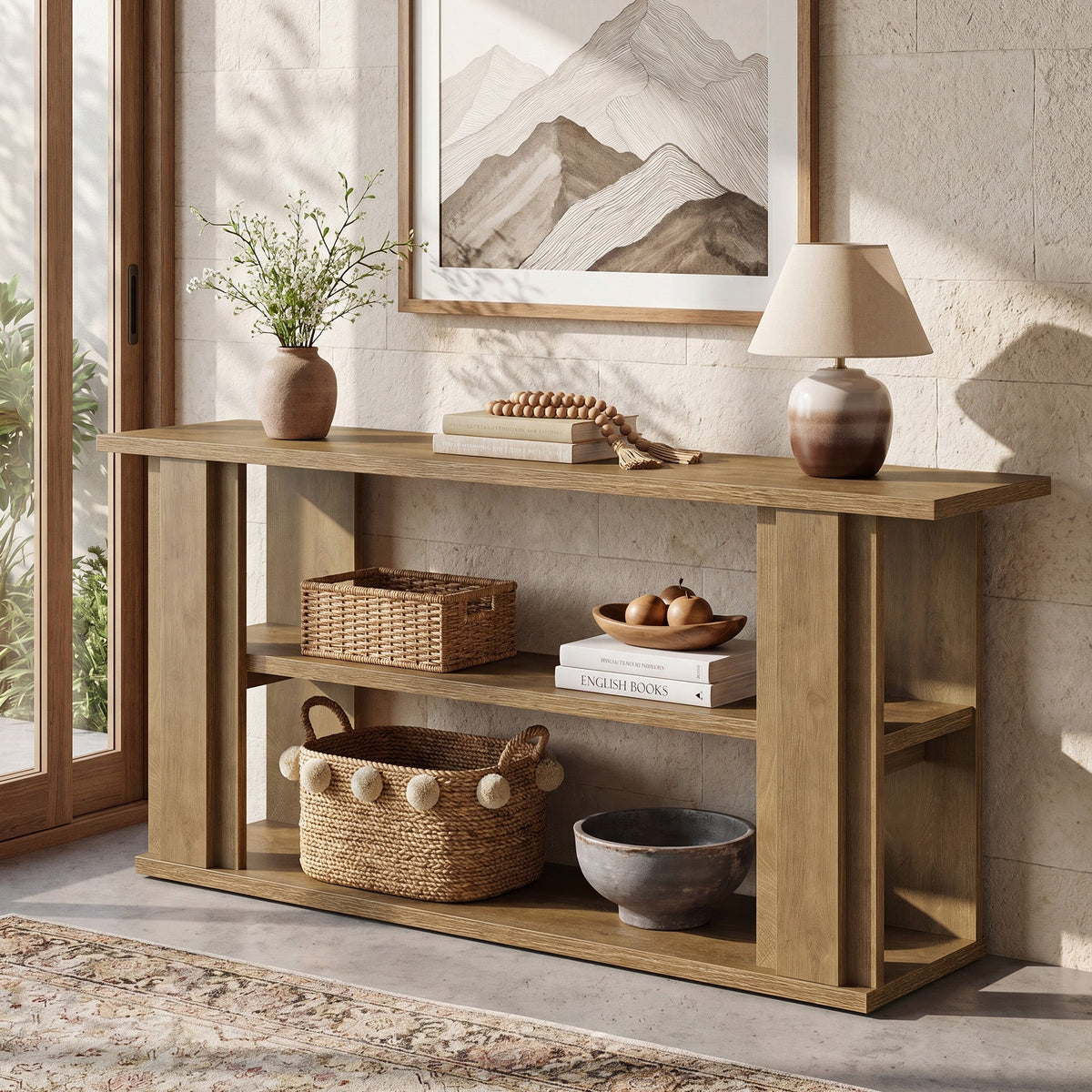 63-Inch Farmhouse Console Table with 3-Tier Storage Shelves and Wide Panel Supports, Narrow Sofa Table for Living Room Hallway and Foyer